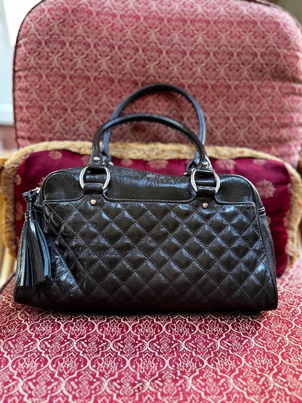 Talbots Quilted Brown Patent Leather Satchel Bowler Bag Silver Logo Plaque